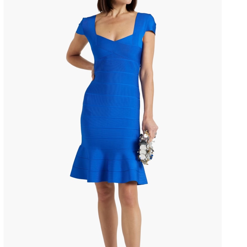 Herve Leger Cobalt Blue Fitted Bandage Midi Dress with Fluted Hem
